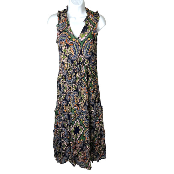 Anthropologie Size 0 Dress Elmira Ruffled MIDI Drawstring Waist Paisley Navy - Picture 4 of 13